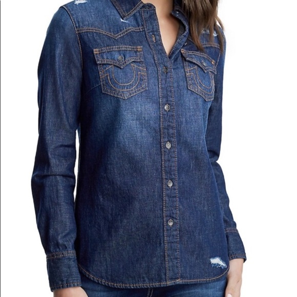 True Religion Women’s Georgia Western Distressed Denim Button Up Shirt Blue NEW - Picture 1 of 16